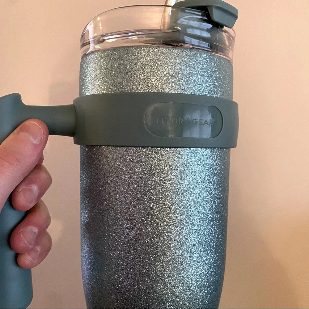 HydraGear Sparkly Aqua Blue Tumbler Cup with Metal Straw and Handle